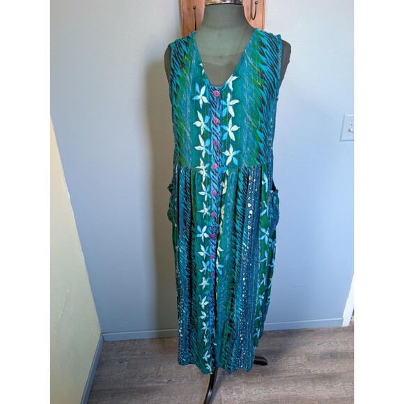 Blue Green Tropical Dress: Lightweight Gauzy Dress Size XL - Picture 1 of 8